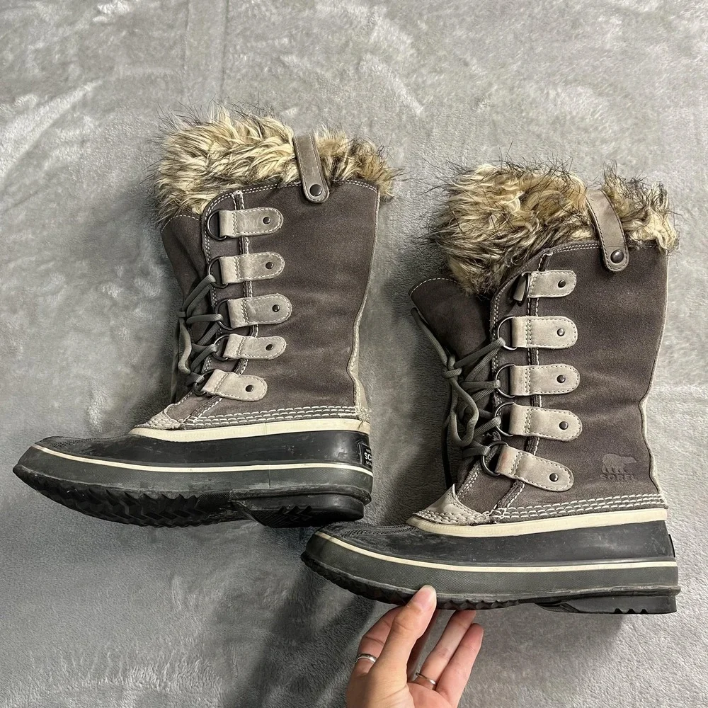Sorel Joan Of Arctic Boots Womens Size 7 Brown Waterproof Faux Fur Snow Winter